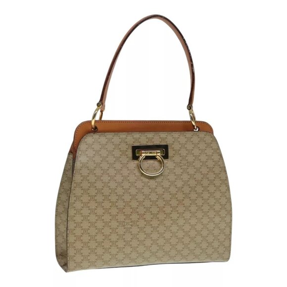 CELINE Macadam Canvas Hand Bag Beige Gold Auth 90219 - Picture 1 of 16